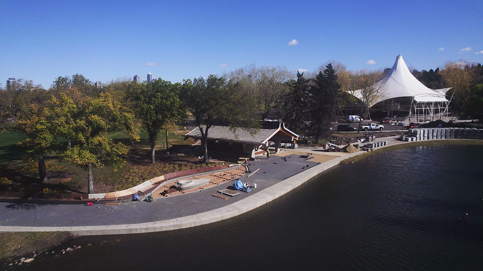 William Hawrelak Park boardwalk, fireplace, and sitting area.