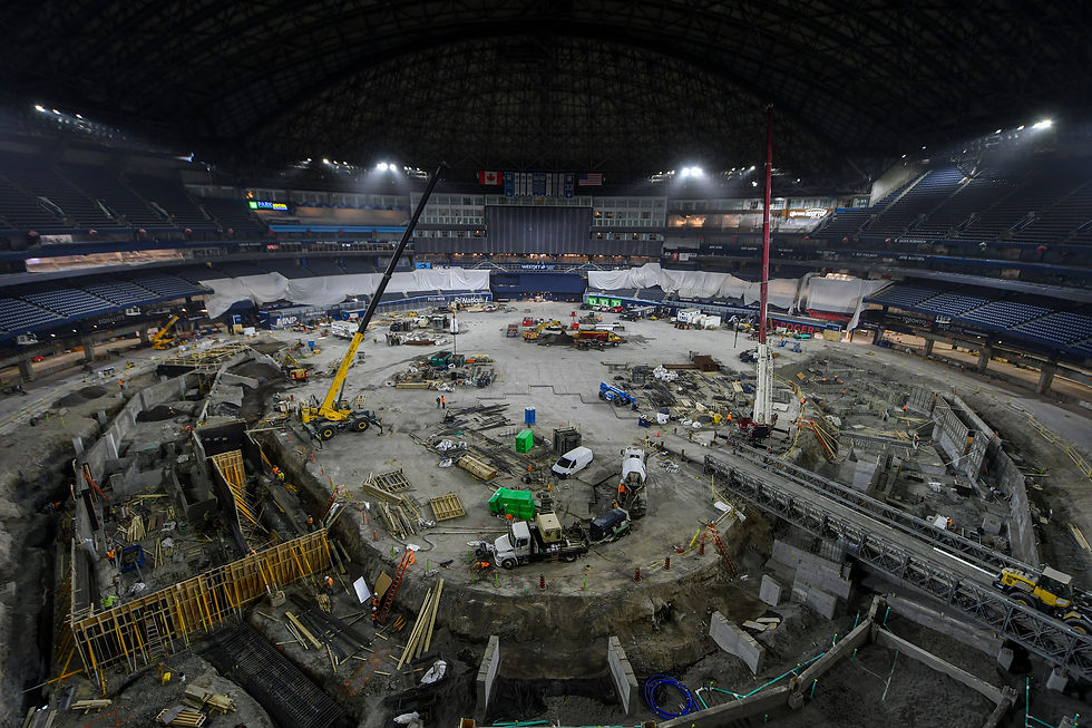 During the Toronto Blue Jays off-season, renovations for Rogers Centre included a new outfield wall, raised bullpens, enhanced amenity spaces, reconfiguration at the infield level, and a renovation of players’ clubhouse.