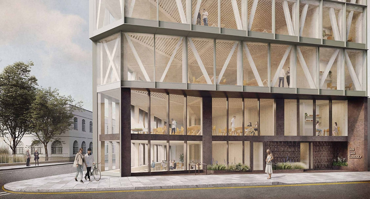 Rendering of 24 Crimscott Street in London, UK, a hub for a creative workplace community.