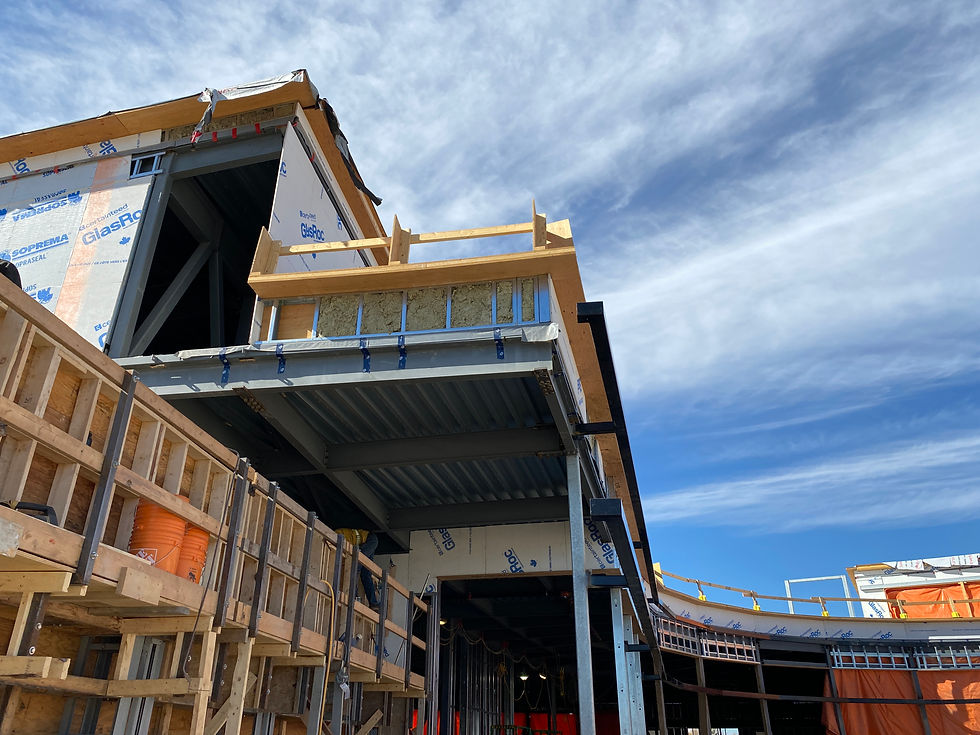 Up-close shot of the structural and envelope work in progress.